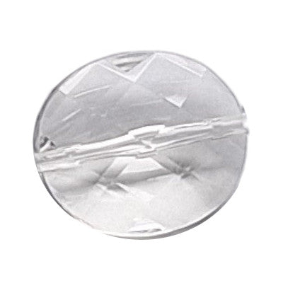 Crystal clear faceted oval plexiglass bead in 18×16 mm with an end-to-end through-hole.