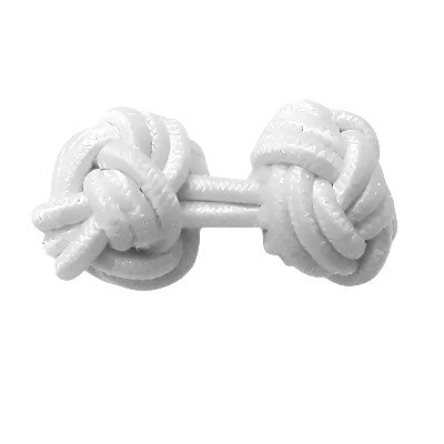 White Chinese knot cufflinks made from a continuous elastic cord with two knotted ends, 12×24mm.