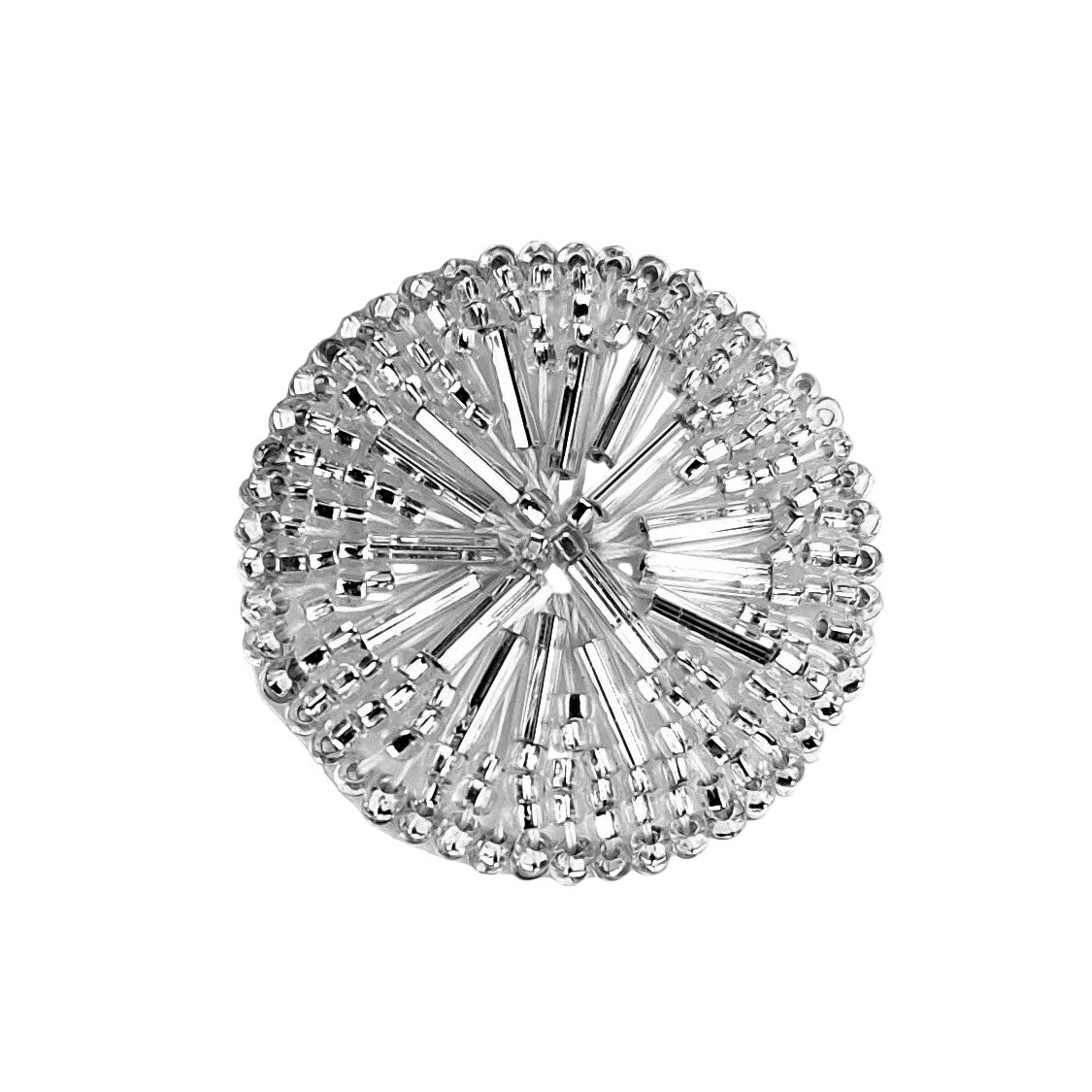 Silver beaded round button with radiating tube beads forming a clustered circular pattern, 25.4mm size.