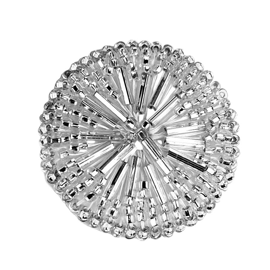 Silver beaded round button with radiating tube beads forming a clustered circular pattern, 32mm size.
