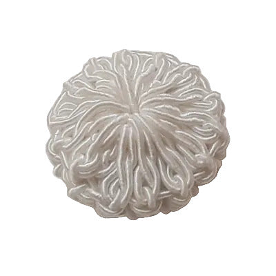 White crocheted button with a raised center, shown in 18mm size.