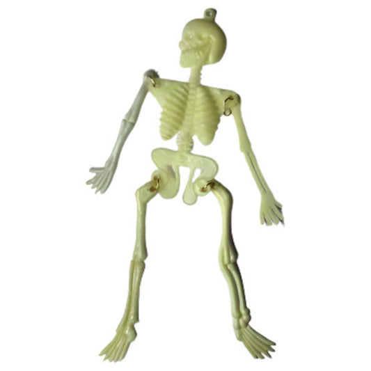 Off-white to ivory plastic large skeleton charm, 125×38 mm, with articulated arms and legs connected by small metal rings at the shoulders, hips, and knees, shown standing against a white background.