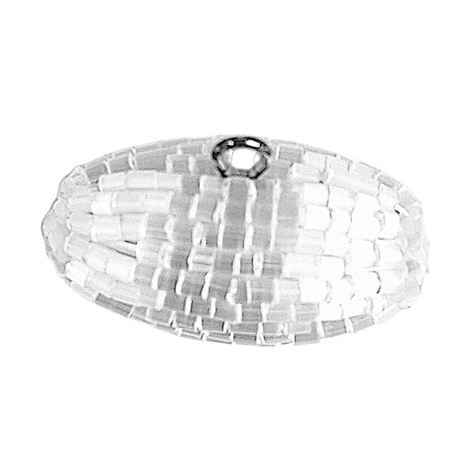 White satin beaded toggle in 18×32 mm with woven bead construction and metal loop.