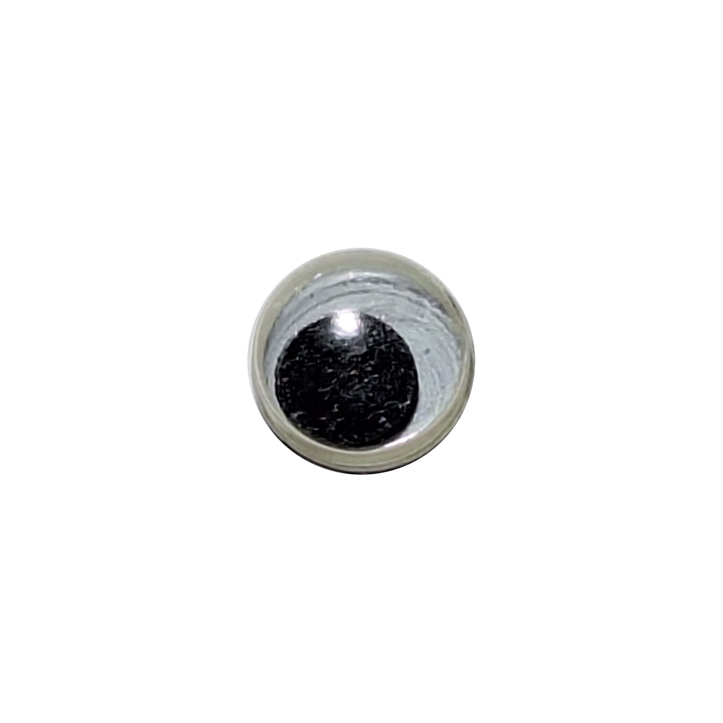 One 8mm googly eye with a flat black pupil, sew-on with a plastic Shank. Made in Japan.
