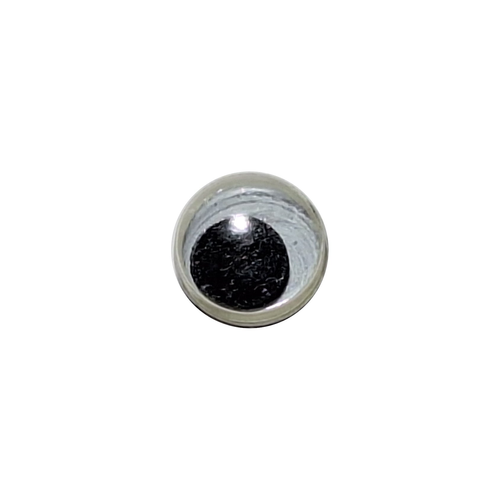 One 8mm googly eye with a flat black pupil, sew-on with a plastic Shank. Made in Japan.
