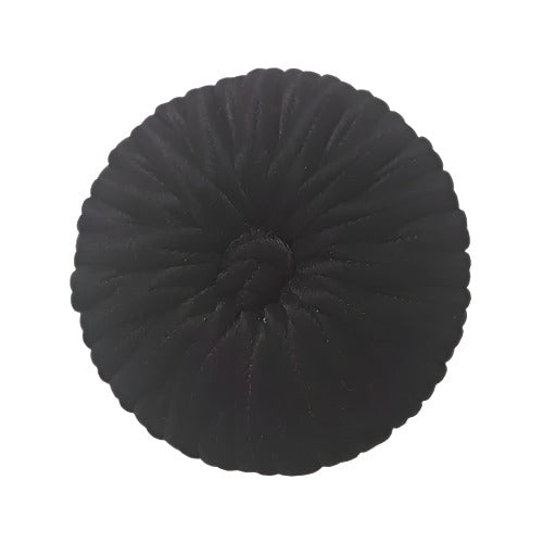 Black braided soutache button with a raised knotted center, shown from above to highlight the tight circular braid and 25.4mm size.