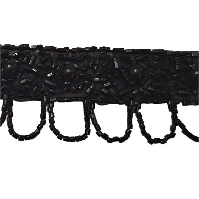 Jet looped fringe beaded trim with black pearls, 33 mm wide, 1960s Japan, 12-yard bolt.