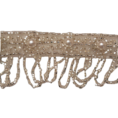 Silver looped fringe beaded trim with pearls, 33 mm wide, 1960s Japan, 12-yard bolt.