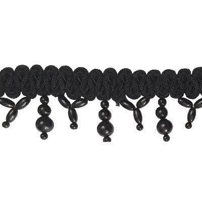 Black acrylic pearl beaded braided trim with dangling bead clusters, 34mm wide, vintage Japanese 1960s sew-on trim
