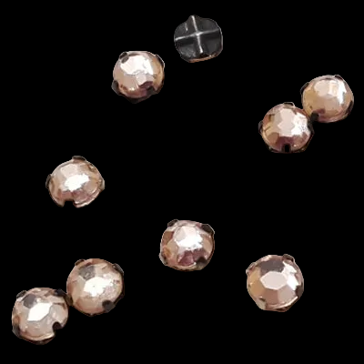 Rosaline glass rosemontees with flat tops, faceted sides, and metal prong settings shown in multiple pieces, 5mm size, one turned upside down to show the back