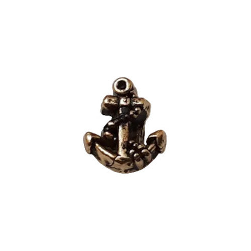 Antique gold metalized plastic anchor button with raised molded detail, reflective finish, and self-shank, 10mm size
