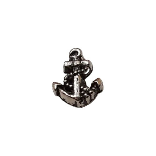Antique silver metalized plastic anchor button with raised molded detail, reflective finish, and self-shank, 10mm size