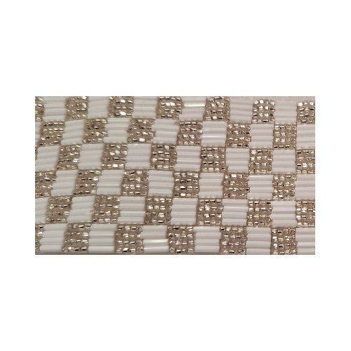 Silver and white beaded trim with 6-row checkerboard pattern, glass beads on fabric backing, 43 mm width