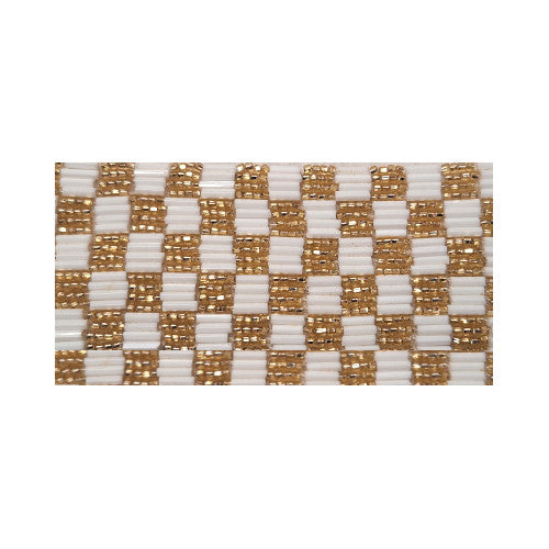 Gold and white beaded trim with 6-row checkerboard pattern, glass beads on fabric backing, 43 mm width