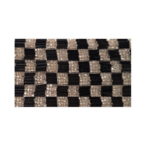 Jet and silver beaded trim with 6-row checkerboard pattern, glass beads on fabric backing, 43 mm width
