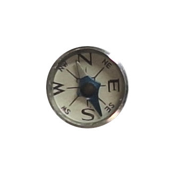 Miniature metal compass novelty with flat clear cover and moving needle, 12mm, on a white background.