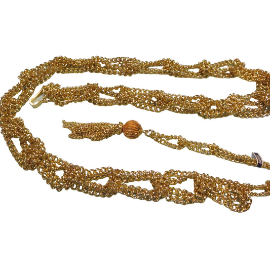 Gold metal chain belt with braided link sections and tassel detail, vintage Japanese 1960s design
