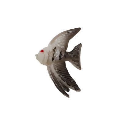 Hand-painted plastic flat back angel fish with gray and white coloration and red eye detail, left-facing, 13×21mm.