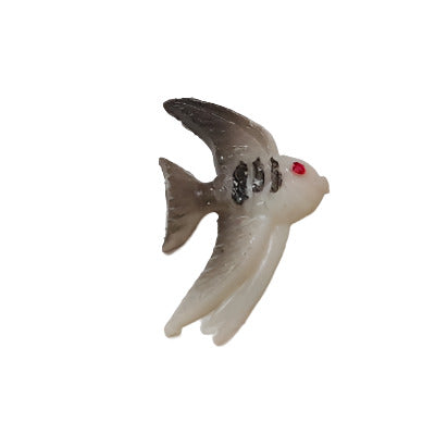 Hand-painted plastic flat back angel fish with gray and white coloration and red eye detail, right-facing, 13×21mm.