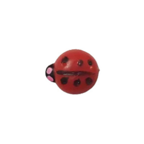 Hand-painted flat back of a medium-sized red ladybug with black dots and pink eyes on a white background.