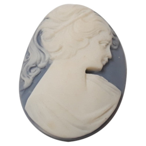Blue and white plastic flat back cameo of a lady in right-facing profile, 30×40 mm, Japan 1960s