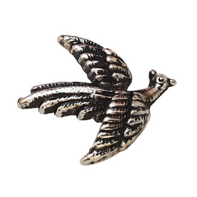 Antique silver metalized plastic flat back, right-facing small bird, 19×20mm, vintage Japanese 1950s.