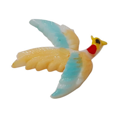Hand-painted plastic flat back small bird with orange and blue wings, right-facing, 19×20mm.