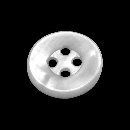 Smoky white mother of pearl button with French bevel edge, subtle grey cast, and four holes, 13mm size