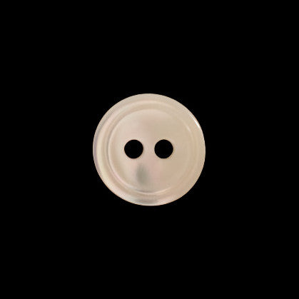 Front view of troca shell ring-cup two-hole button, 10mm/15L, displaying circular rim and natural shell sheen.