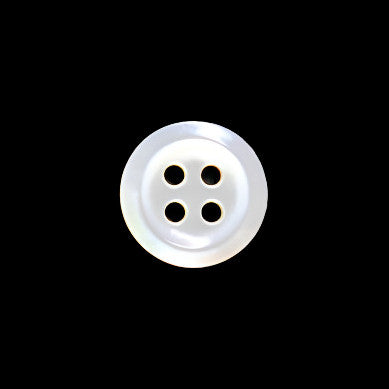 Front view of a 10mm/16L mother-of-pearl shell button with a beveled edge and four holes, centered on a dark background.