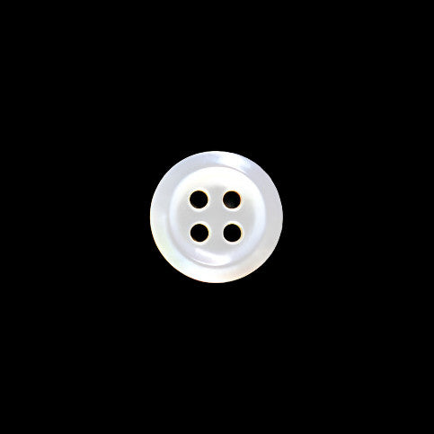 Front view of an 8mm/13L mother-of-pearl shell button with a beveled edge and four holes, centered on a dark background.