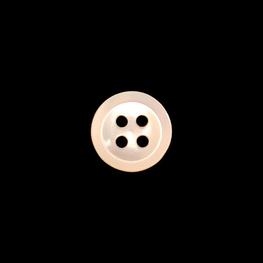 Front view of an 8mm/13L troca shell button with a beveled edge and four holes, centered on a dark background.
