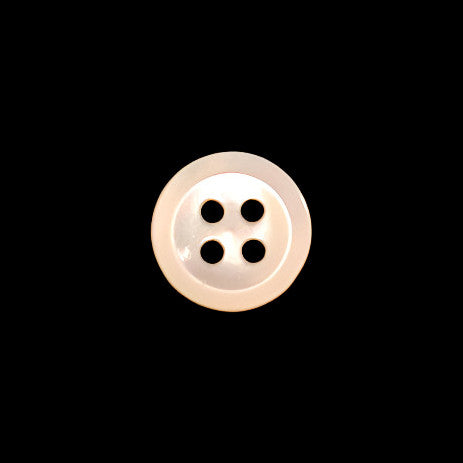 Front view of a 9mm/14L troca shell button with a beveled edge and four holes, centered on a dark background.