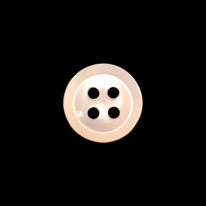 Front view of a 10mm/16L troca shell button with a beveled edge and four holes, centered on a dark background.
