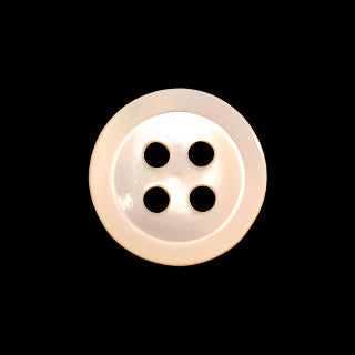 Front view of a 13mm/20L troca shell button with a beveled edge and four holes, centered on a dark background.