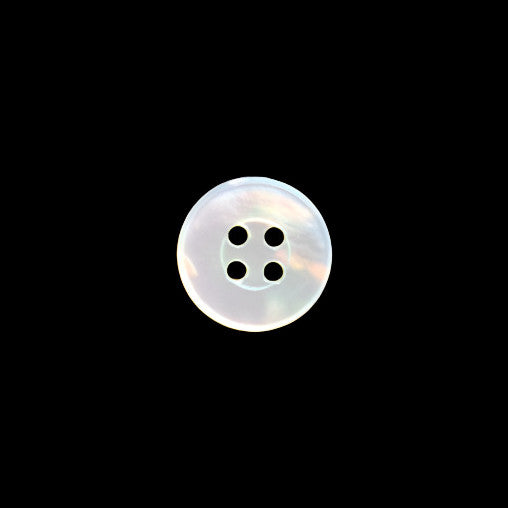 Front view of an 8mm/13L mother-of-pearl shell button with a french bevel and four holes, centered on a dark background.