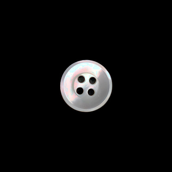 Front view of an 8mm/13L troca shell button with a polished french bevel and four holes, centered on a dark background.