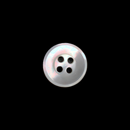 Front view of a 9mm/14L troca shell button with a polished french bevel and four holes, centered on a dark background.