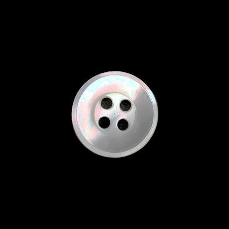 Front view of a 10mm/16L troca shell button with a polished french bevel and four holes, centered on a dark background.