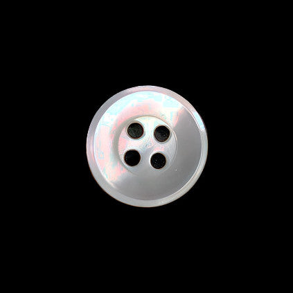 Front view of an 11mm/17L troca shell button with a polished french bevel and four holes, centered on a dark background.