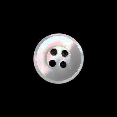 Front view of an 11.4mm/18L troca shell button with a polished french bevel and four holes, centered on a dark background.
