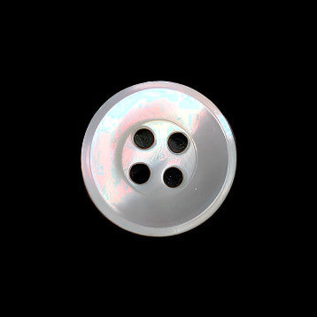 Front view of a 13mm/21L troca shell button with a polished french bevel and four holes, centered on a dark background.