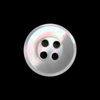 Front view of a 14mm/22L troca shell button with a polished french bevel and four holes, centered on a dark background.