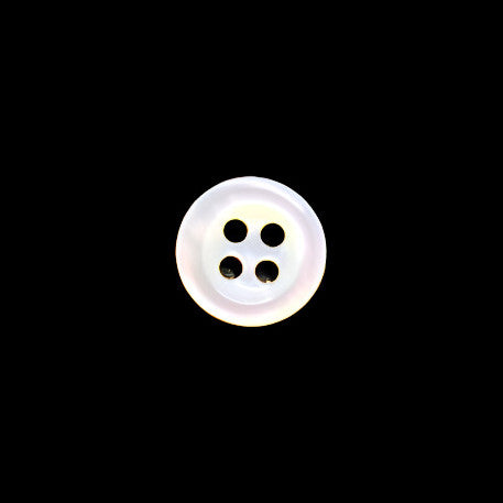 White mother-of-pearl button, ring-cup face, 4 holes, photographed front view, size 8mm/13L.
