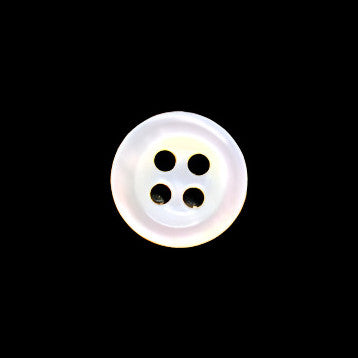 White mother-of-pearl button, ring-cup face, 4 holes, photographed front view, size 10mm/16L.