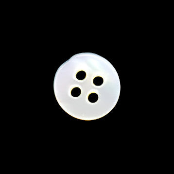 White mother-of-pearl button back view showing natural nacre surface and 4-hole structure.