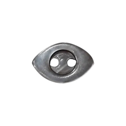 Grey mother-of-pearl two-hole shell button in a navette-shape, and a central cavity, in a 13mm size.