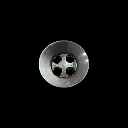 Grey shell button with French bevel and 4 holes, photographed front view, size 10mm/16L.