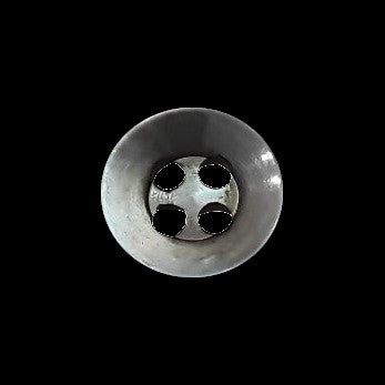 Grey shell button with French bevel and 4 holes, photographed front view, size 12mm/19L.