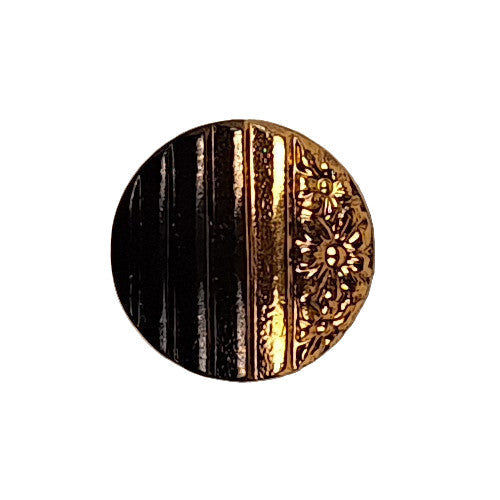 22L Ribbed glass button with gold colored embossed flowers on one half